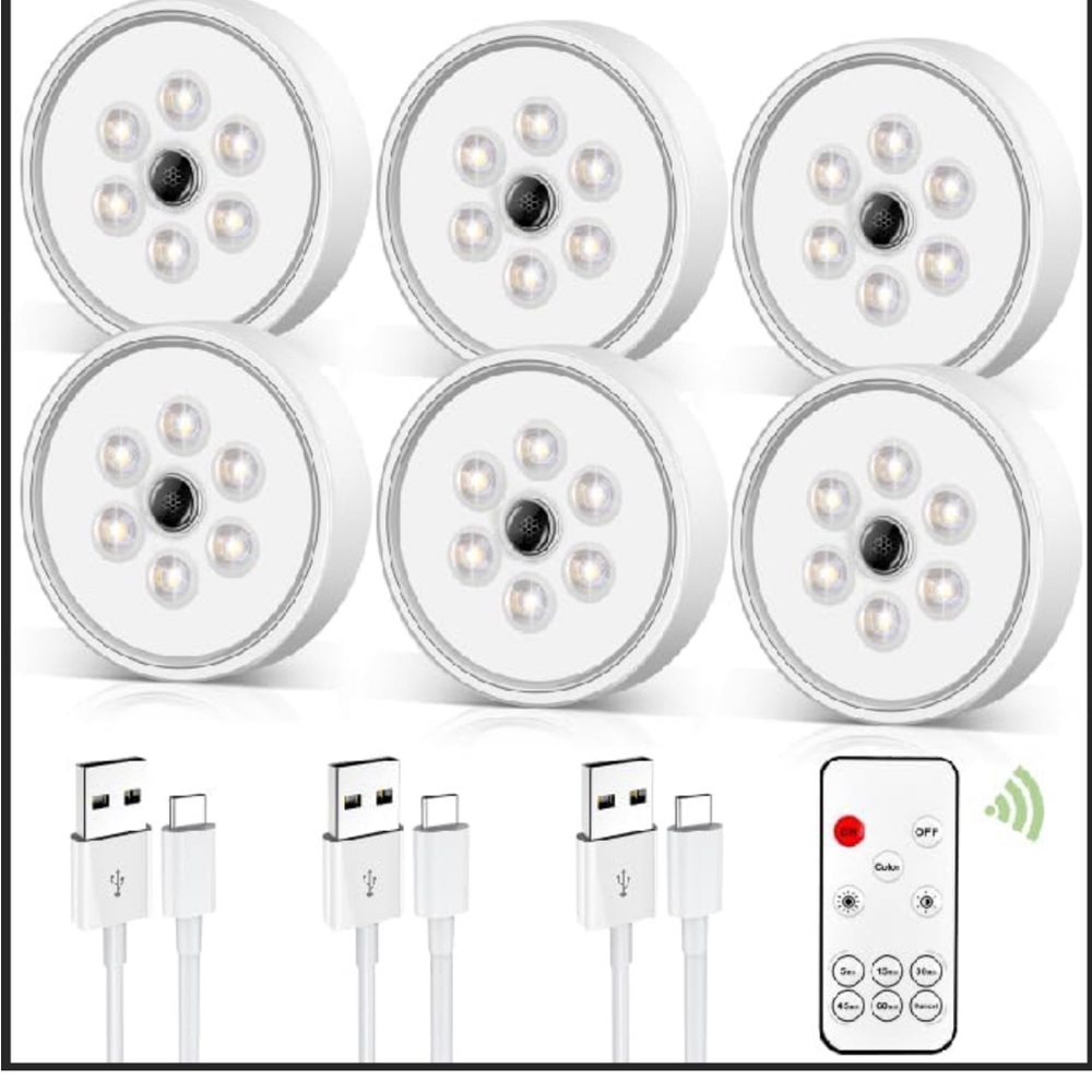 6 Pack LED Smart Motion Puck Lights 💡w Rechargeable Battery🔋& Timer⏱️